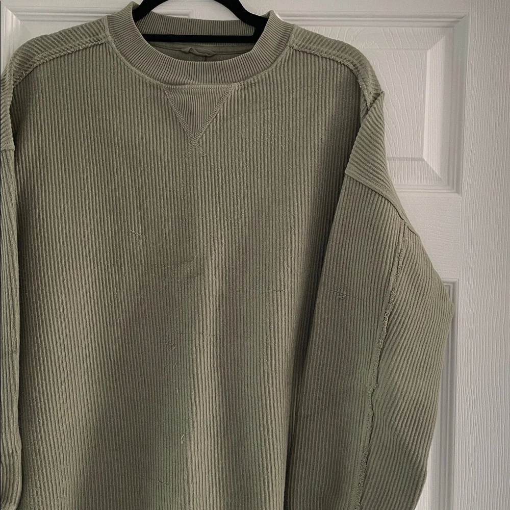 Aerie Women's Olive Crew Neck Worn Sweater size XXS oversized - Picture 2 of 6